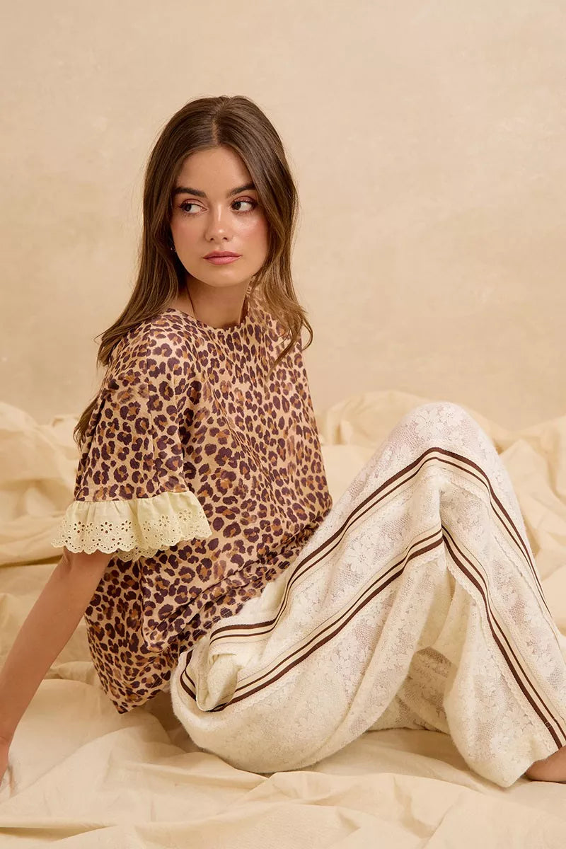 BiBi Leopard and Eyelet Lace Ruffled Top and Shorts Set