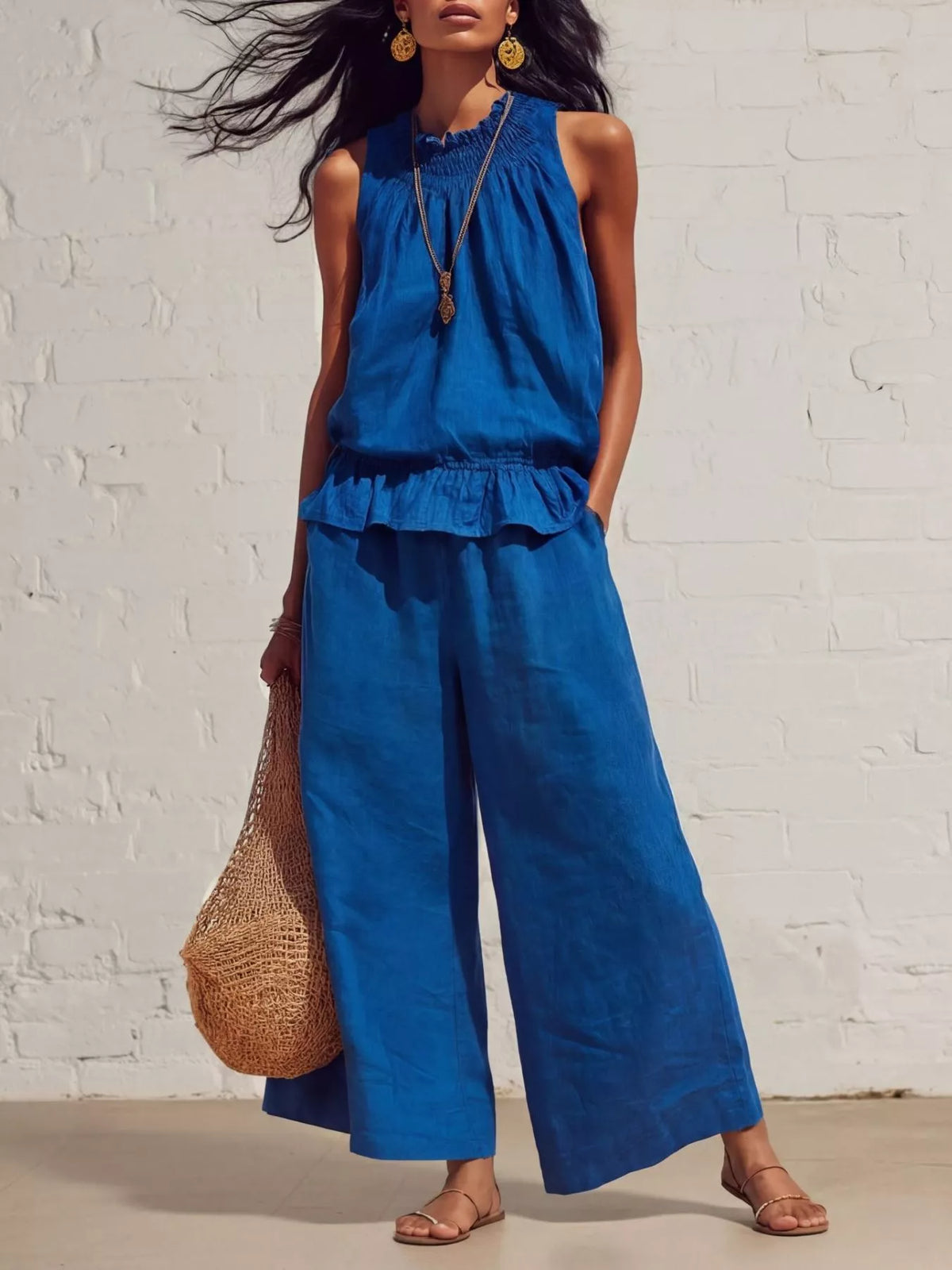 Smocked Ruffled Hem Top and Wide-Leg Pants Set