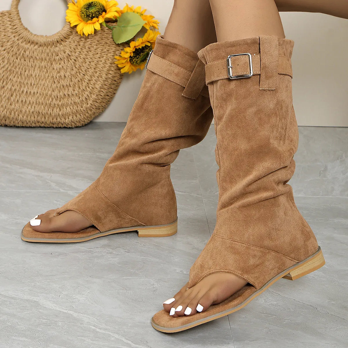 Toe Post Block Heels Boots - Ladyez
