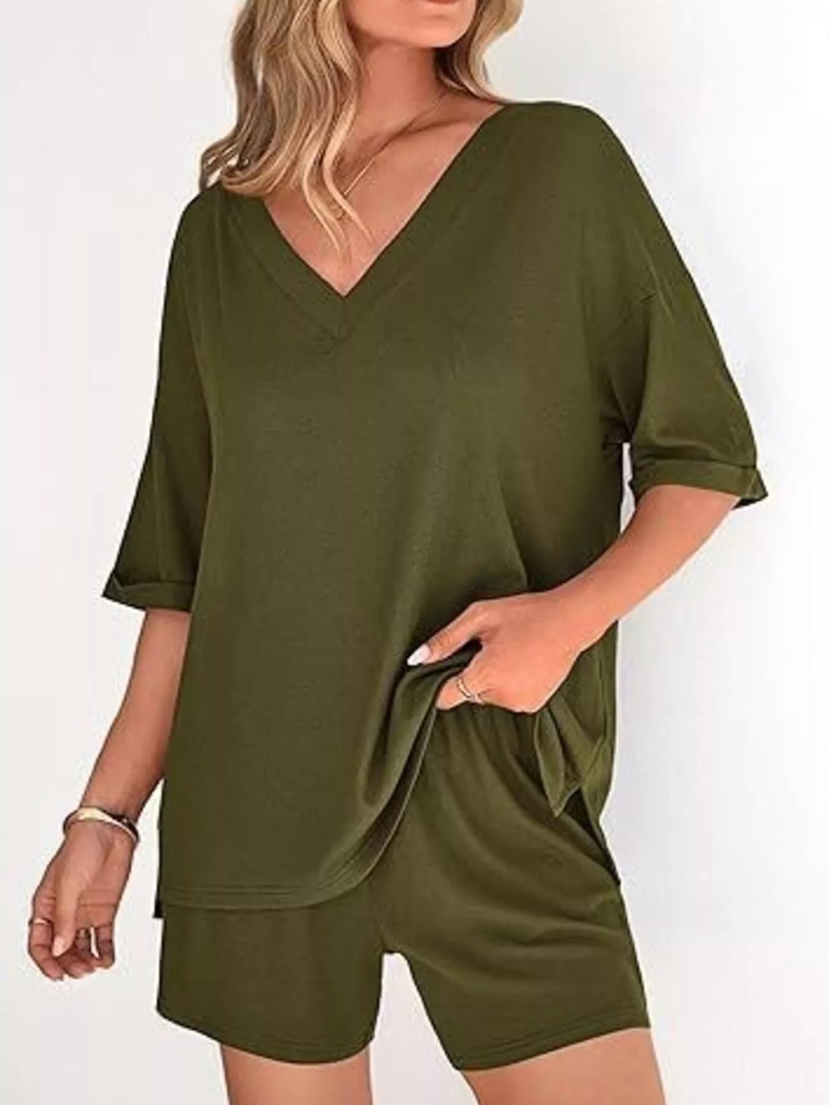 Solid Color V-Neck and Shorts Set