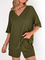 Solid Color V-Neck and Shorts Set