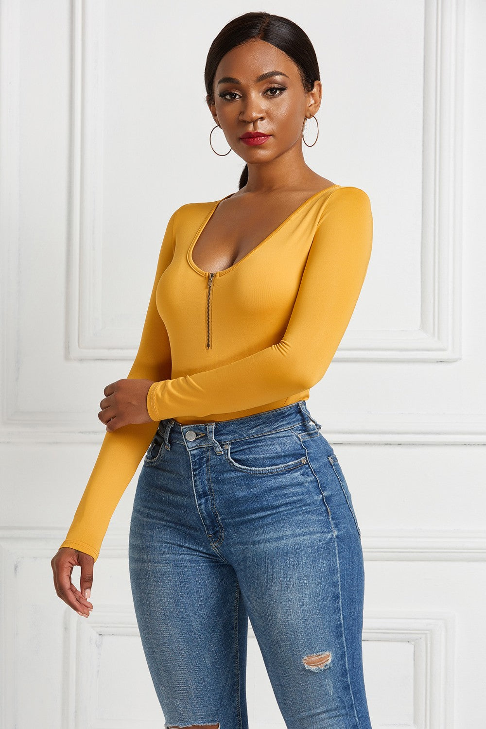 Half Zip Scoop Neck Long Sleeve Bodysuit - Ladyez