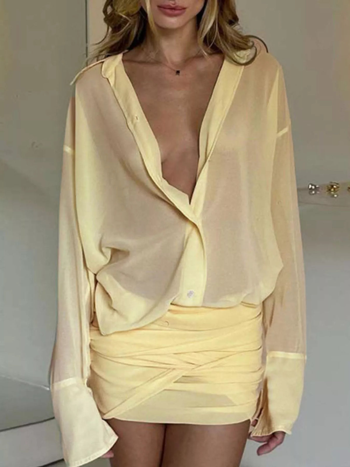 Sheer Button-Down Mini Shirt Dress with Back Tie