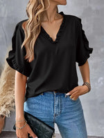 Ruffled V-Neck Short Sleeve Blouse - Ladyez