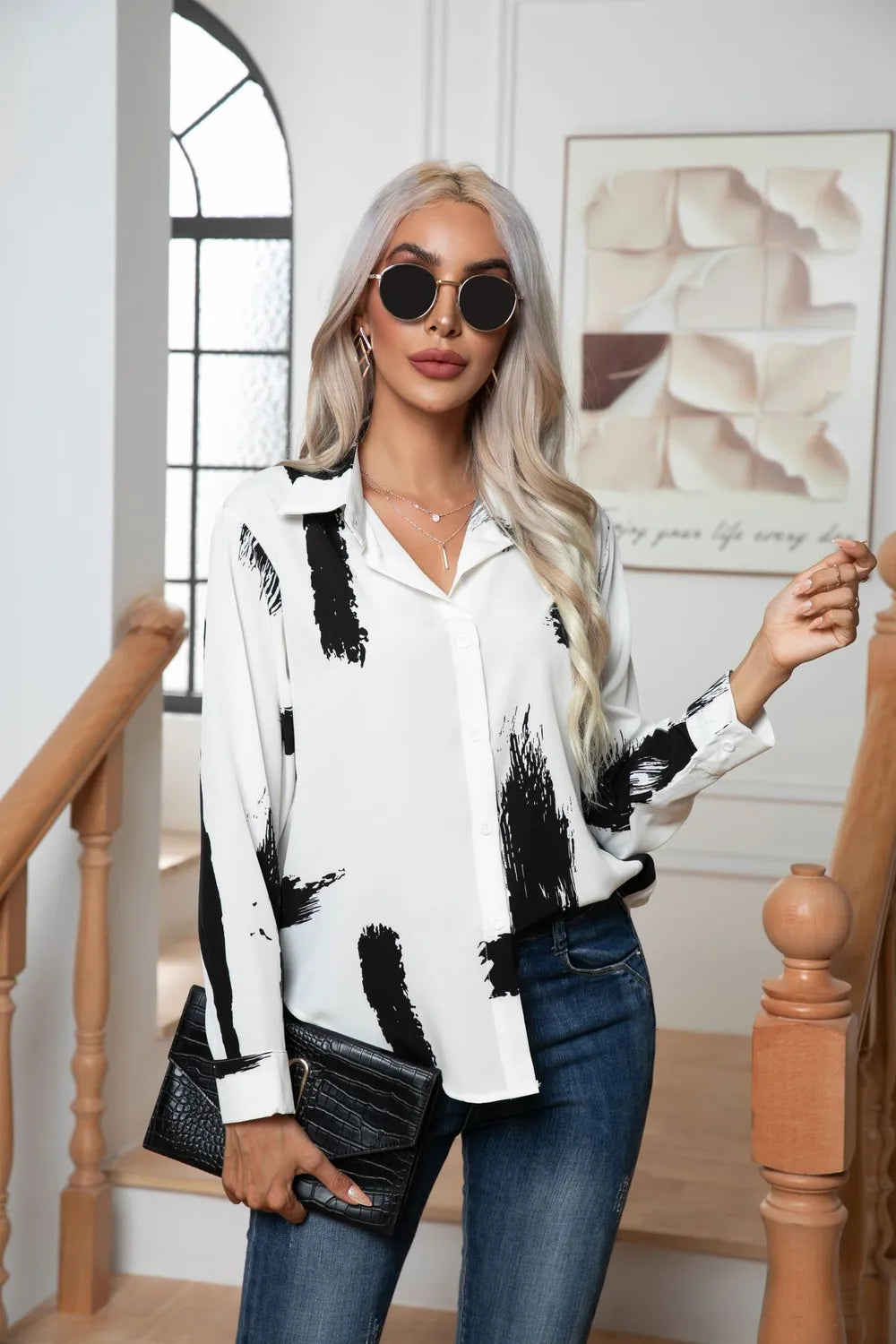 Button Down Printed Long Sleeve Shirt