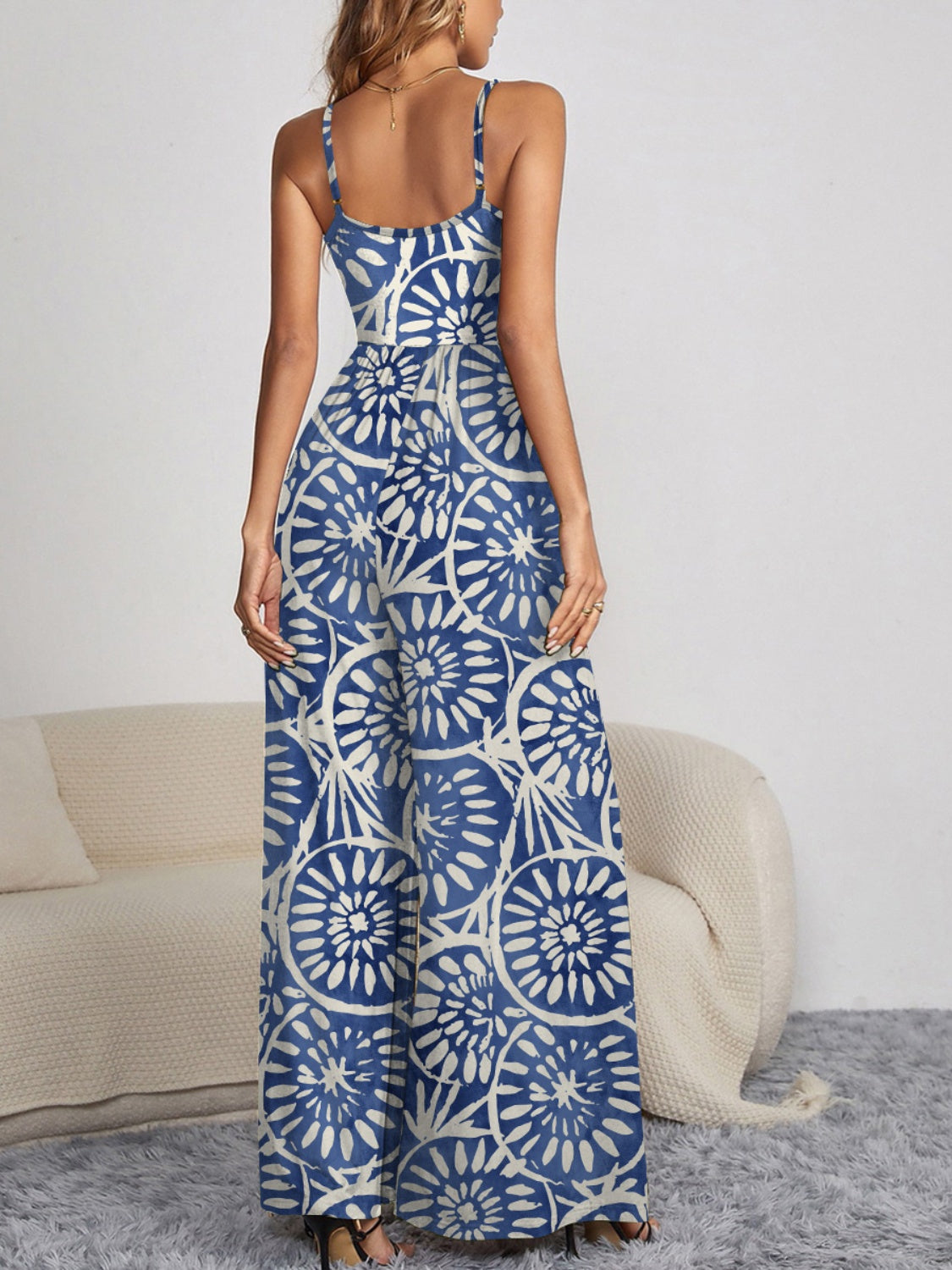 FAM-FAM Decorative Button Spaghetti Strap Wide Leg Jumpsuit - Ladyez