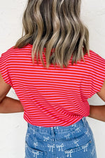 Stripe Ribbed Cap Sleeve Round Neck T Shirt