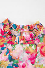 Lace Trim Ruffle Cap Sleeve Floral Blouse