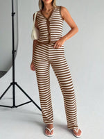 Striped Knit V-Neck Button-Up Sleeveless Top and Flare Pants Set