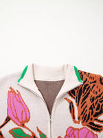 Floral Pattern Knit Quarter Zip Stand Neck Sweater