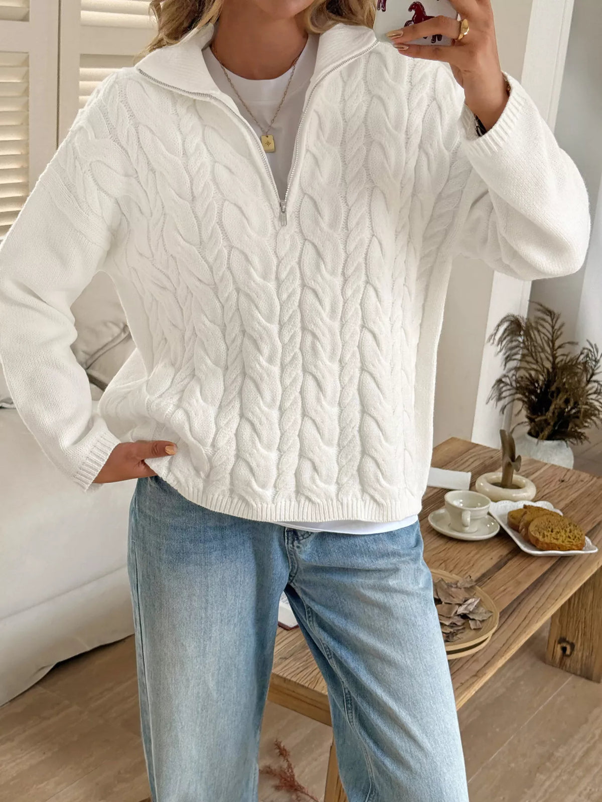 Zip Collar Cable-Knit Sweater