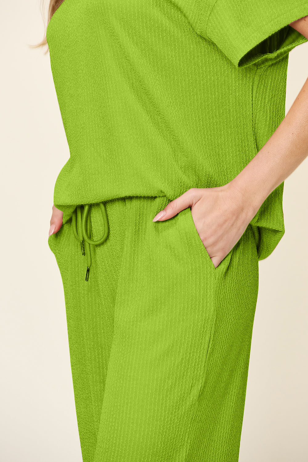 Double Take Full Size Texture Round Neck Short Sleeve T-Shirt and Wide Leg Pants - Ladyez