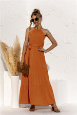 Halter Neck Tie Waist Tiered Maxi Dress - Ladyez
