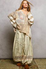 POL Color-Blocked Stripe Pattern Knit Top with Twisted Weave