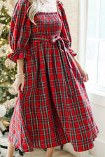 Plaid Smocked Flounce Sleeve Midi Dress
