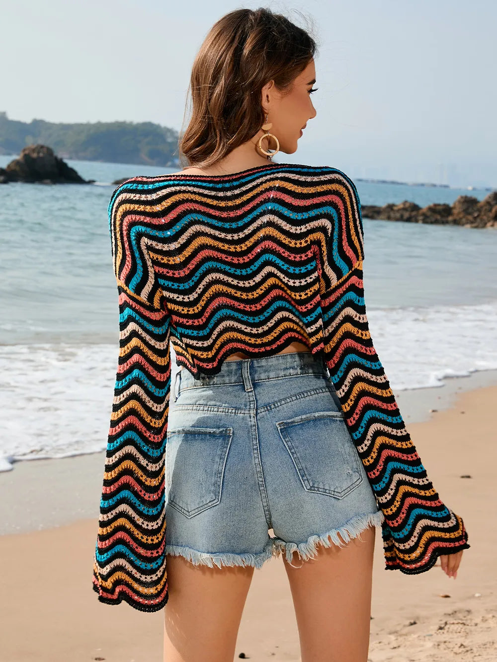 Striped Boat Neck Long Sleeve Cover Up - Ladyez