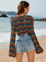 Striped Boat Neck Long Sleeve Cover Up - Ladyez