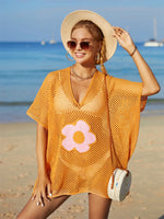 Angel Wings Openwork Flower V-Neck Short Sleeve Cover Up - Ladyez
