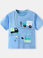 Children's Cartoon Construction Vehicle Print Short Sleeve T-Shirt