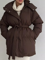 Mid-Length Thickened Hooded Winter Coat with Belted