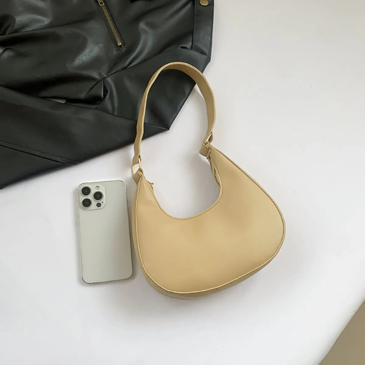 Solid Color Crescent Shoulder Bag - Ladyez