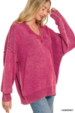 Zenana Washed Deep V-neck Oversized Sweater
