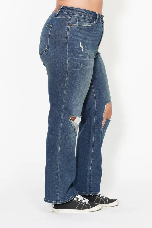 Judy Blue Full Size Hw Ripped Knee Dad Jeans Plus Size - Ladyez