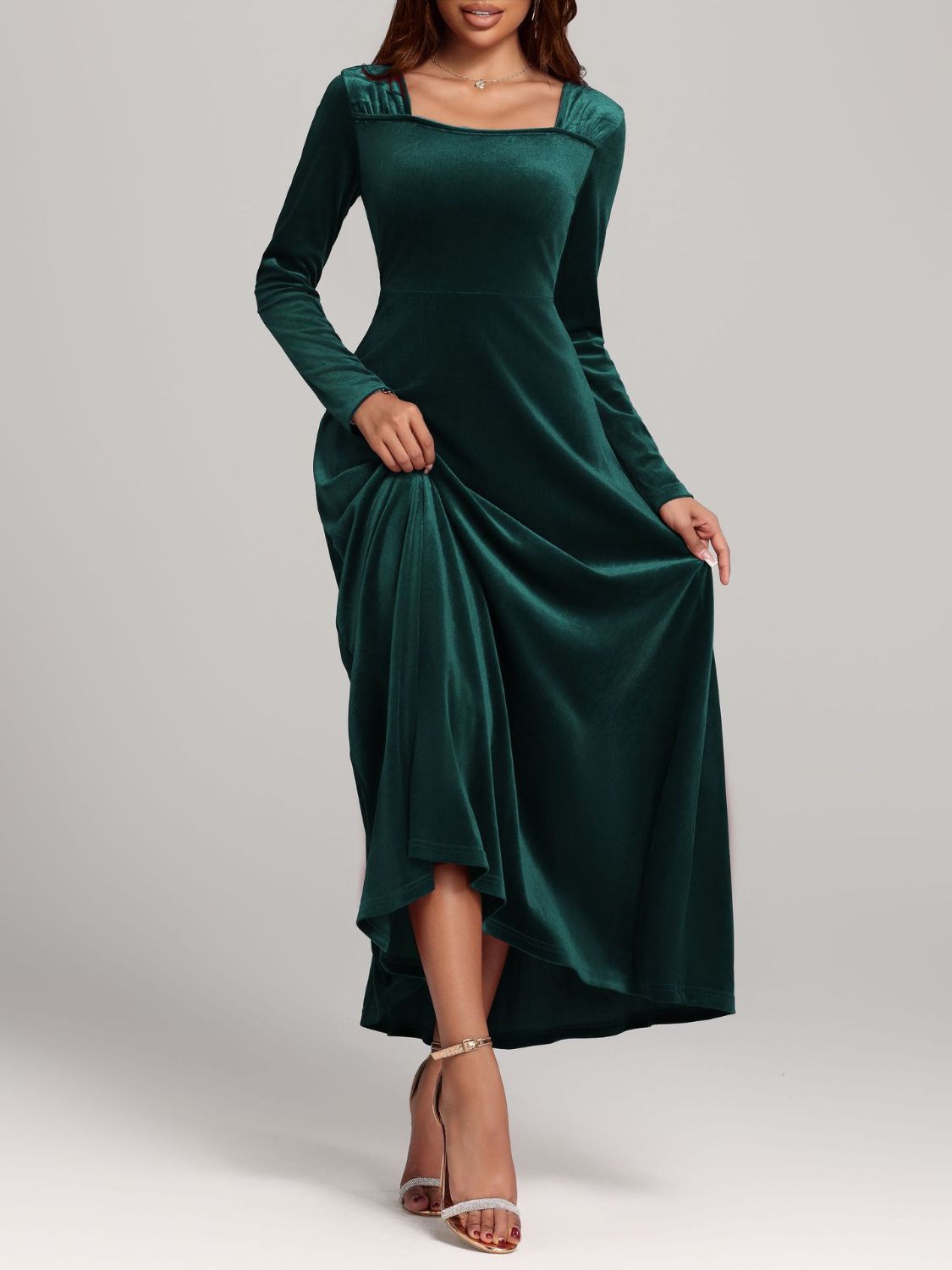 Square Neck Long Sleeve Velvet Dress - Ladyez