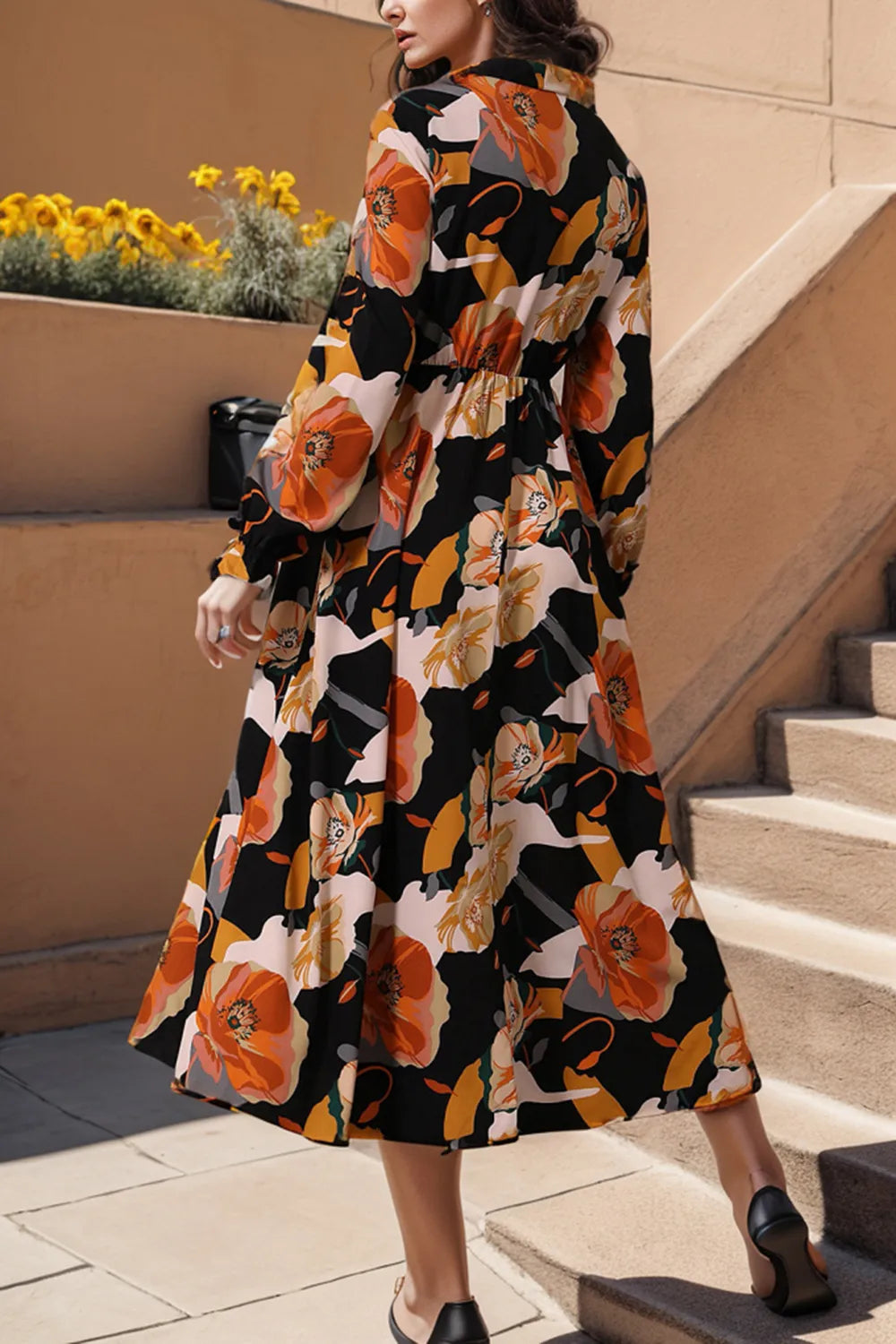 Printed Tie Neck Flounce Sleeve Dress - Ladyez