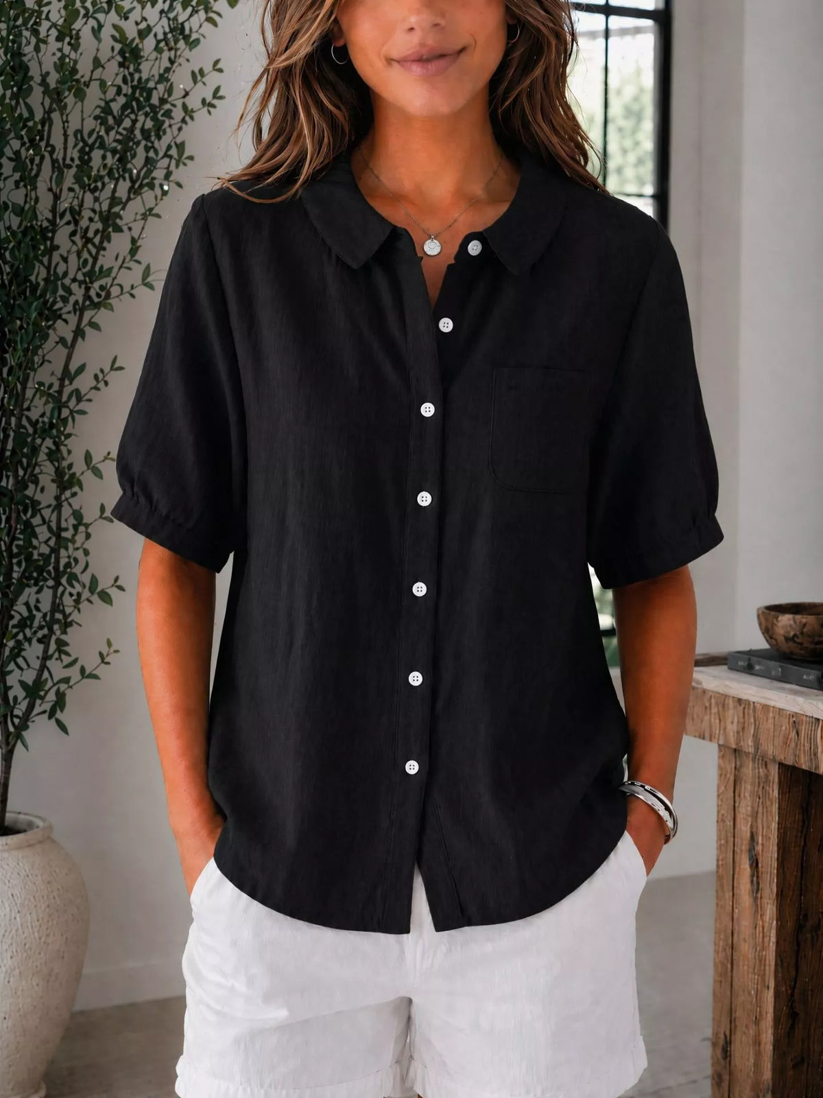 Full Size Button Up Short Sleeve Shirt Plus Size