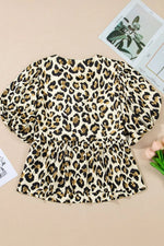 Leopard Bow Tie Front Puff Sleeve Peplum Blouse