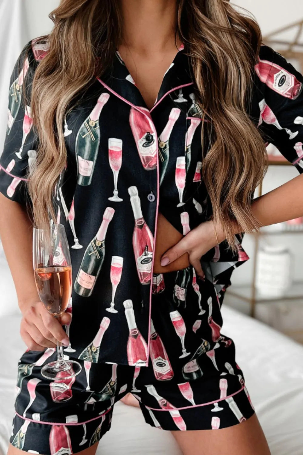 Champagne Print Short Sleeve Top and Shorts Set - Ladyez