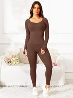Scoop Neck Long Sleeve Active Jumpsuit - Ladyez