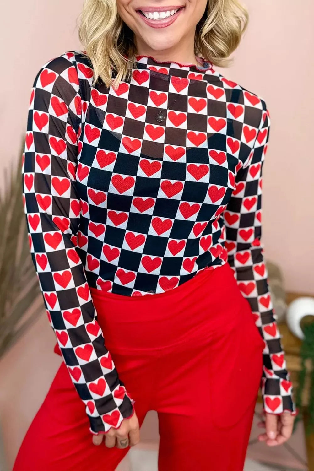 Plaid Heart Mesh Sheer Long Sleeve High Neck Top