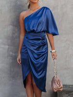 One-Shoulder Satin Wrap Dress with Side Slit - Ladyez