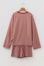 Stripe Relaxed Long Sleeve Top Contrast Elastic Waistband Short Set