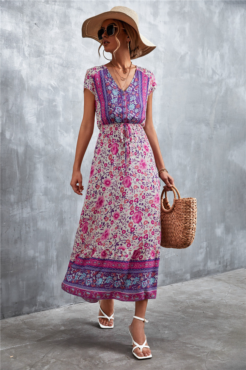 V-Neck Short Sleeve Printed Maxi Dress - Ladyez