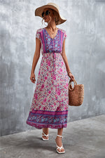 V-Neck Short Sleeve Printed Maxi Dress - Ladyez