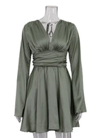V-Neck Satin Mini Dress with Flowy Sleeves
