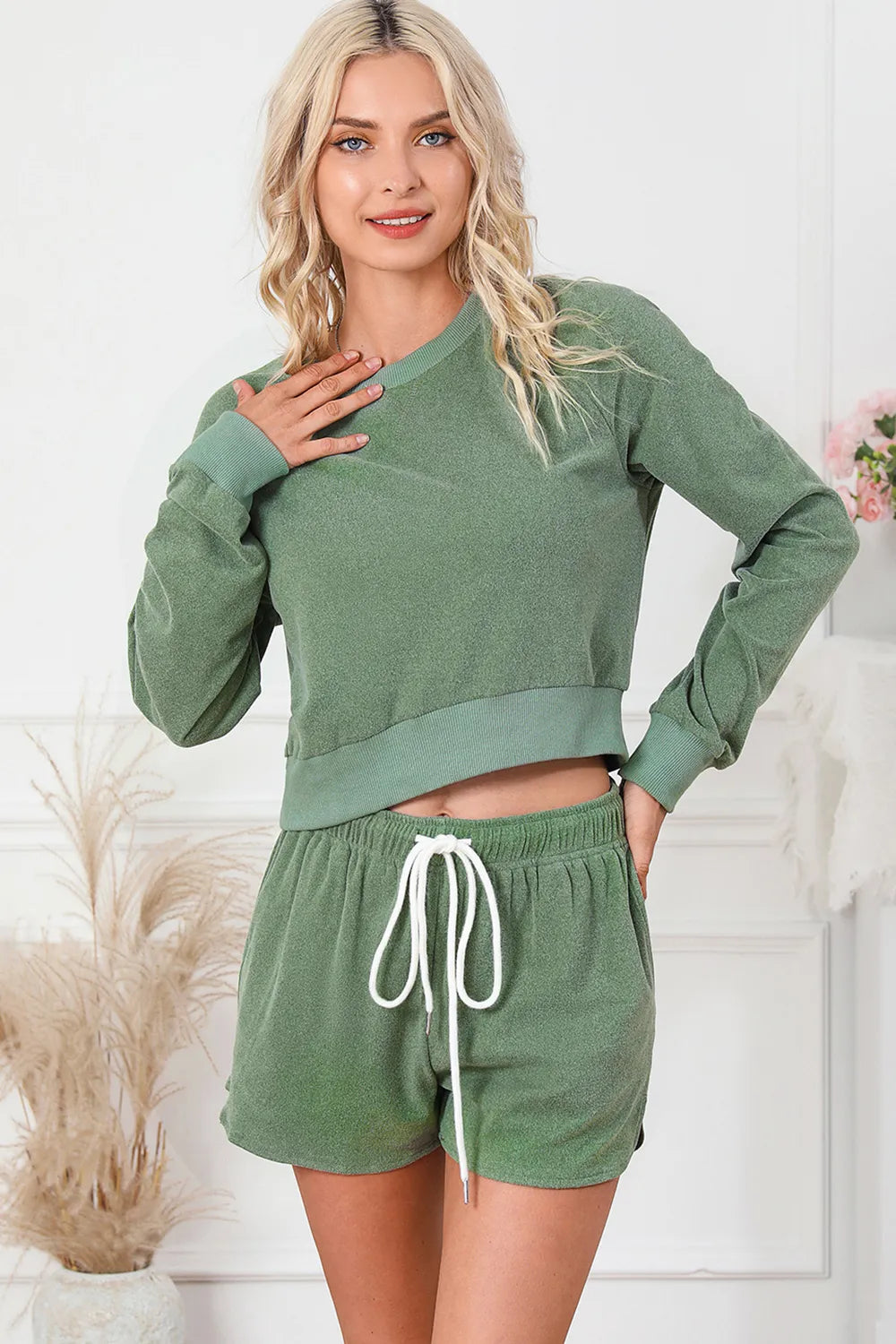 Round Neck Long Sleeve Top and Drawstring Shorts Lounge Set - Ladyez