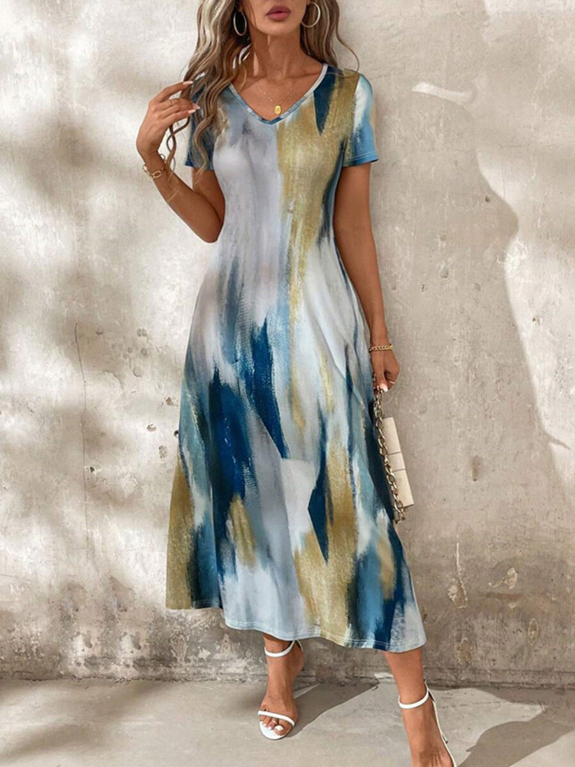 Tie-Dye V-Neck Short Sleeve Midi Tee Dress - Ladyez