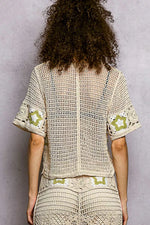 POL Button Front V-Neck Crochet Cardigan with Contast Star