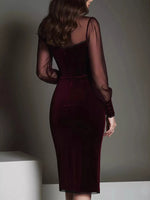 Velvet Bodycon Dress with Sheer Mesh Sleeves