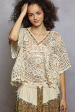 POL V-Neck Crochet Top with Scalloped Hem
