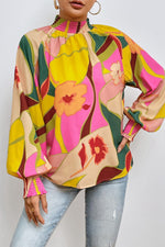 Floral Smocked Lantern Sleeve Mock Neck Blouse - Ladyez
