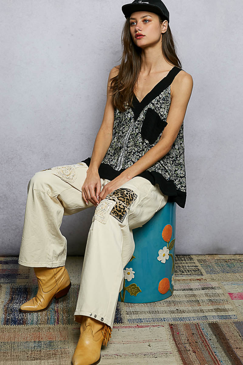 POL Floral V-Neck Tank with Front Pocket