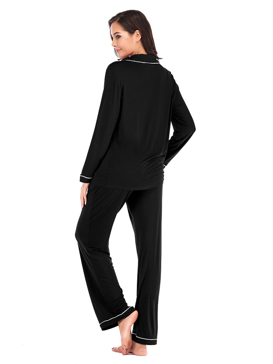 Collared Neck Long Sleeve Loungewear Set with Pockets - Ladyez