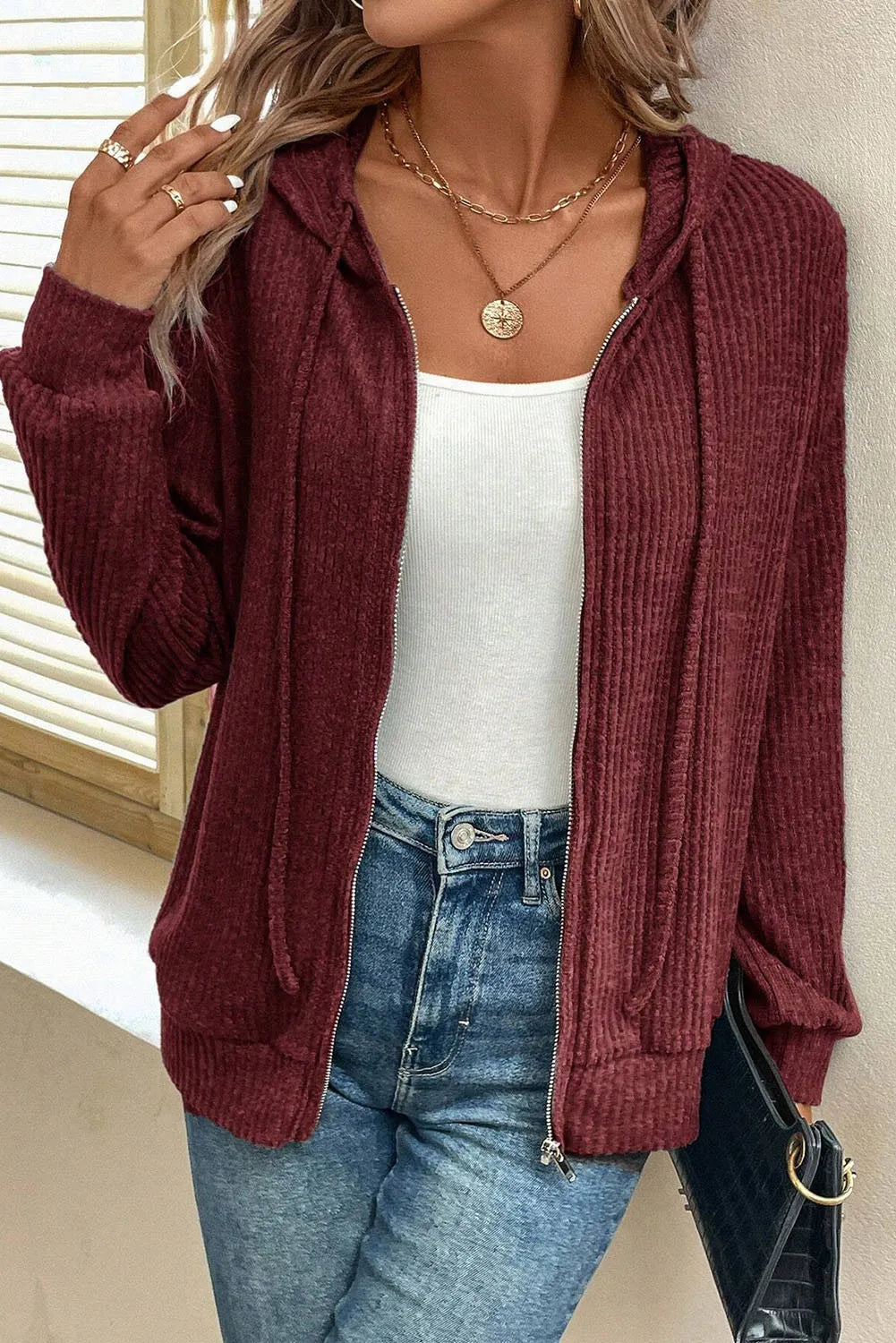 Drawstring Zip Up LongSleeve Hooded Jacket