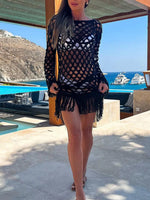 Fringe Cutout Long Sleeve Cover Up - Ladyez