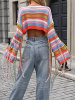 Fringe Striped Long Sleeve Crop Sweater
